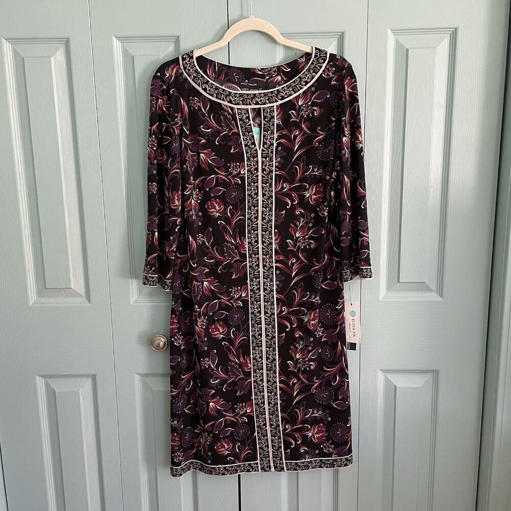 Maggy London Marnie Knit Floral Knee Length Dress 12 Black/Berry 3/4 Sleeves‎